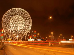 Rise Sculpture at broadway roundabout in Belfast, a huge white sphere within a sphere