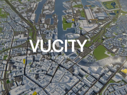 Screen shot of VuCity software, stylised ariel view of Belfast